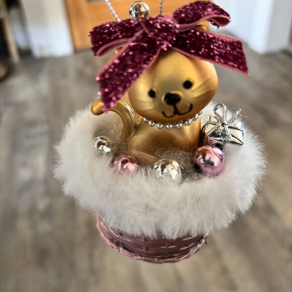 Whimsical Pink & Gold Christmas Kitty Cat Pink Basket Tree Ornament 4"H - Picture 1 of 5